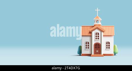 3d render church building icon, white facade with bushes and trees, front view, modern graphic illustration Stock Vector