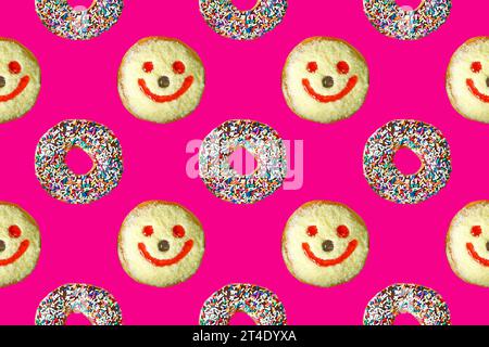 Chocolate Glazed Doughnuts with Smiling Face Coconut Flakes Donuts Pattern on Hot Pink Background Stock Photo