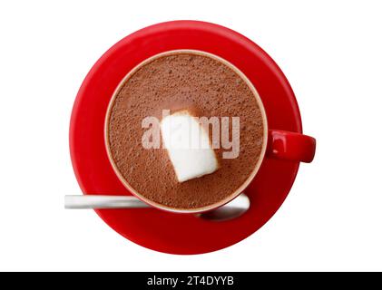 Mouthwatering Hot Chocolate with a Marshmallow Candy Isolated on white background Stock Photo
