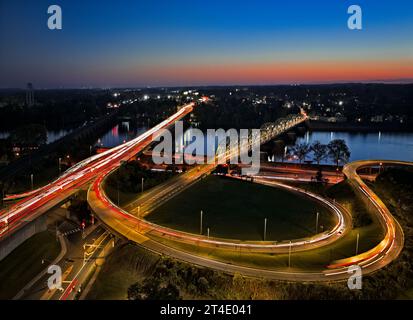 Lower Trenton Bridge NJ  - Aerial view of the illuminated Lower Trenton Bridge during the blue hour of twilight.    This image is also available as a Stock Photo