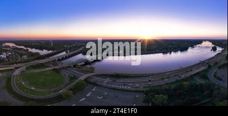 Lower Trenton Bridge Pano  NJ - Aerial panoramic view of the illuminated Lower Trenton Bridge during the blue hour of twilight. Stock Photo