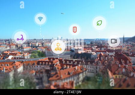 Smart city concept with icons floating above the city. The concept of clean air control, transportation, security, solar energy, connectivity Stock Photo
