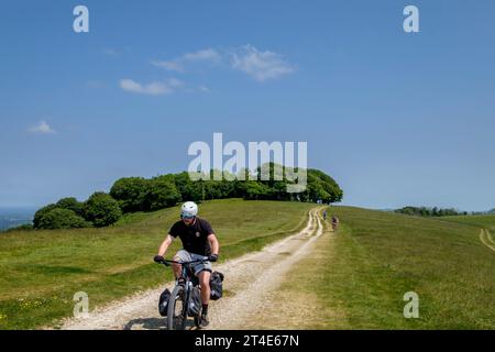 Bike packers on the South Downs Way passing Chanctonbury Ring West Sussex Stock Photo