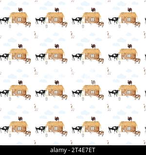 seamless pattern on a rustic theme. barn cow goose pig rooster. children's pattern for printing on textiles, bed linen, blankets and diapers Stock Photo