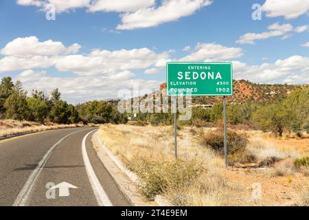 Sedona is a beautiful city on the outskirts of Flagstaff with red rock formations, canyons, and hip shops in the downtown area. Stock Photo