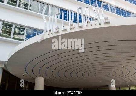 Miami Beach Florida,outside exterior,building front entrance hotel,Collins Avenue,Shelborne South Beach sign,hotels motels businesses Stock Photo