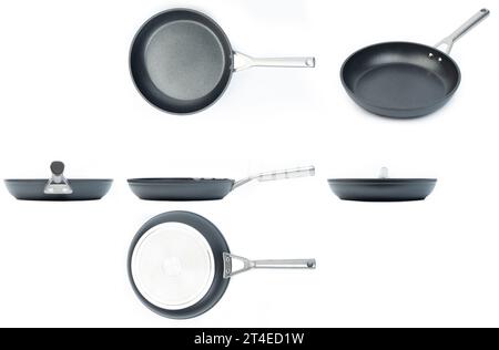 Different views of new fry pan isolated  on white studio background Stock Photo