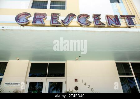 Miami Beach Florida,outside exterior,building front entrance hotel,Ocean Drive Hilton Vacation Club Crescent on South Beach Miami sign,hotels motels b Stock Photo