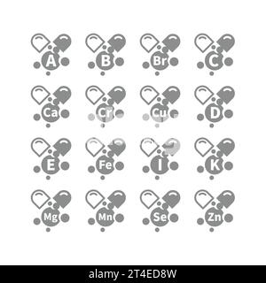 Vitamin C, B, D capsules vector icon set. Micronutrients and supplements, magnesium and zinc icons. Stock Vector