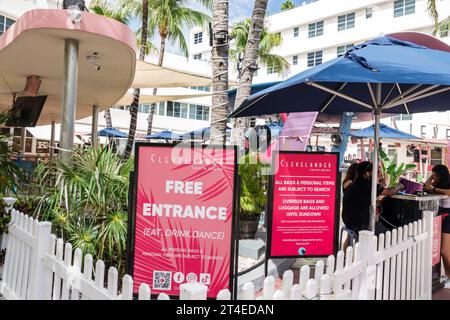 Miami Beach Florida,outside exterior,building front entrance hotel,Ocean Drive,Clevelander South Beach Hotel sign,free entrance sign,subject to search Stock Photo
