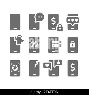 Smartphone with payment, social media and password icon set. Using phone and usage vector icons. Stock Vector