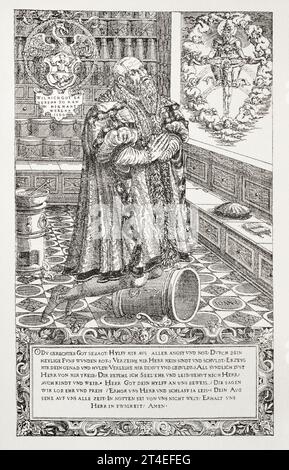 16th century etching of Apothecary / Pharmacist Cyriacus Schnaus at prayer. Date is 1565. See Notes. Stock Photo