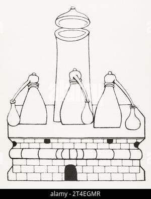 Famous Althanor distilling stove design with Alembics; from Hieronymous Braunschweg's 16th c. 'Distilliren'. The tall pipe was for gravity fed fuel. Stock Photo