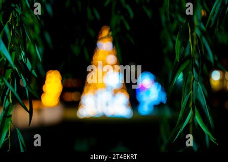 Blurred Christmas decorations at night among evergreen leaves Stock Photo