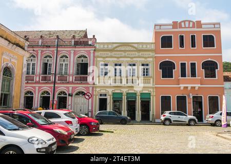 Sao Francisco de Sul, Brazil - August 22th 2023: Colonial style buildings in the historic center of São Francisco do Sul, oldest city of Santa Catarin Stock Photo