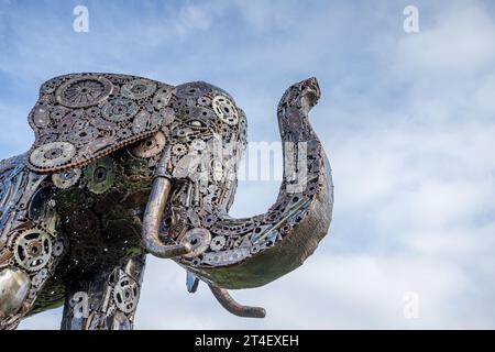 Elephant sculpture closeup pictured at the Shropshire Sculpture Park on 21 October 2023 in Oswestry. Stock Photo