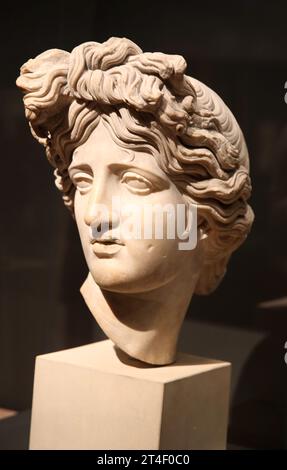 Head of the god Apollo. Found in Rome. Italy. 3rd century AD. Marble. Exposition The Human Image. Organised by British Museum and 'La Caixa' Foundatio Stock Photo