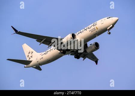 Singapore Airlines Boeing 737 MAX 8 in the Star Alliance Livery on a sunny day landing at Singapore Changi Airport Stock Photo