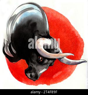 Black bull head on red background. Hand-drawn ink and watercolor illustration Stock Photo