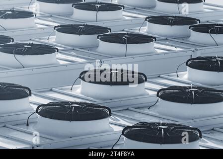 Air conditioning system assembled and installed on top of the building. Stock Photo