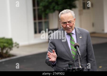 United States Senate Majority Leader Chuck Schumer Democrat of New York speaks to reporters outside the White House in Washington, DC after attending an event highlighting the Biden Administrations commitment to advancing the safe, secure, and trustworthy development and use of Artificial Intelligence at the White House in Washington, DC, October 30, 2023. Copyright: xCNPx/MediaPunchx Credit: Imago/Alamy Live News Stock Photo