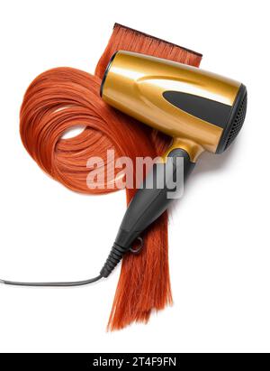 Ginger hair strand with dryer on white background Stock Photo