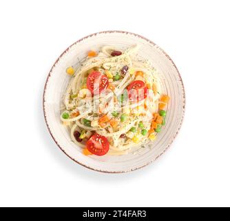 Plate with tasty pasta primavera on white background Stock Photo