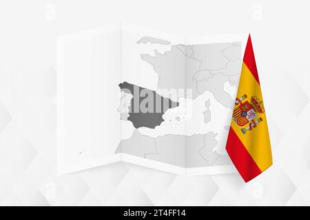 A grayscale map of Spain with a hanging Spanish flag on one side. Vector map for many types of news. Vector illustration. Stock Vector