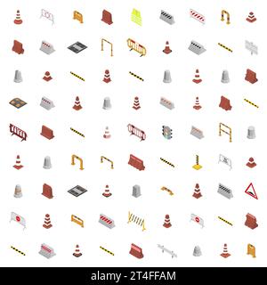 Big set of different signs road repairs, isolated on white background. Under construction design elements. Flat 3D isometric style, vector illustratio Stock Vector