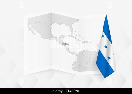 A grayscale map of Honduras with a hanging Honduran flag on one side. Vector map for many types of news. Vector illustration. Stock Vector