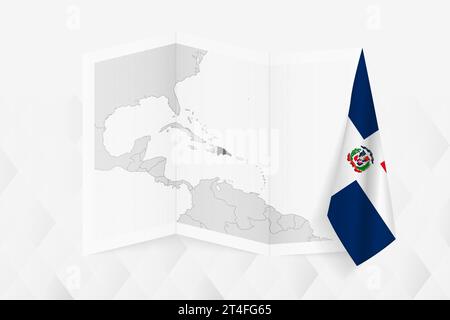 A grayscale map of Dominican Republic with a hanging Dominican flag on one side. Vector map for many types of news. Vector illustration. Stock Vector