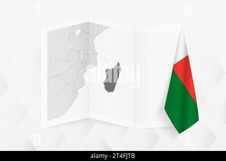 A grayscale map of Madagascar with a hanging Madagascan flag on one side. Vector map for many types of news. Vector illustration. Stock Vector