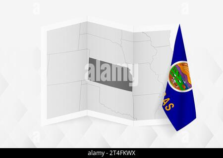 A grayscale map of Kansas with a hanging Kansas flag on one side. Vector map for many types of news. Vector illustration. Stock Vector