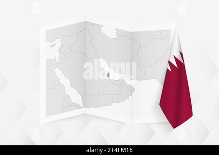 A grayscale map of Qatar with a hanging Qatari flag on one side. Vector map for many types of news. Vector illustration. Stock Vector
