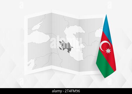 A grayscale map of Azerbaijan with a hanging Azerbaijani flag on one side. Vector map for many types of news. Vector illustration. Stock Vector