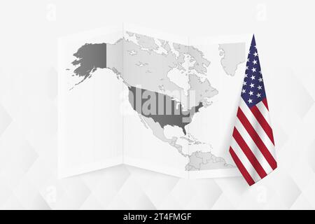 A grayscale map of USA with a hanging American flag on one side. Vector map for many types of news. Vector illustration. Stock Vector