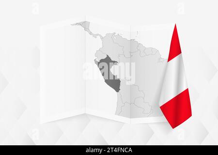 A grayscale map of Peru with a hanging Peruvian flag on one side. Vector map for many types of news. Vector illustration. Stock Vector