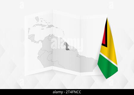 A grayscale map of Guyana with a hanging Guyanese flag on one side. Vector map for many types of news. Vector illustration. Stock Vector