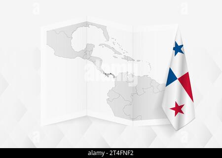 A grayscale map of Panama with a hanging Panamanian flag on one side. Vector map for many types of news. Vector illustration. Stock Vector