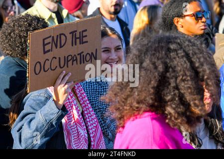 In Montreal, Canada, a multitude of demonstrators united in solidarity with Palestinians, fervently calling for an urgent ceasefire in Gaza, October 28, 2023 Stock Photo