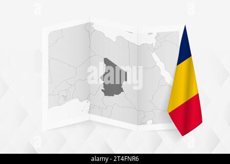 A grayscale map of Chad with a hanging Chadian flag on one side. Vector map for many types of news. Vector illustration. Stock Vector