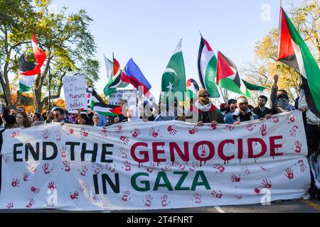 In Montreal, Canada, a multitude of demonstrators united in solidarity with Palestinians, fervently calling for an urgent ceasefire in Gaza, October 28, 2023 Stock Photo