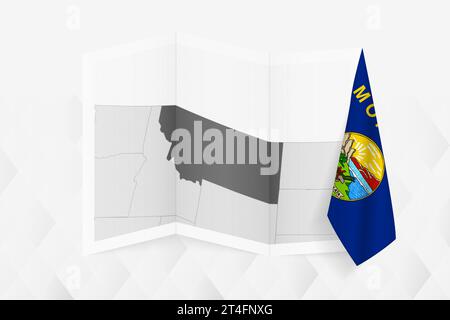 A grayscale map of Montana with a hanging Montana flag on one side. Vector map for many types of news. Vector illustration. Stock Vector