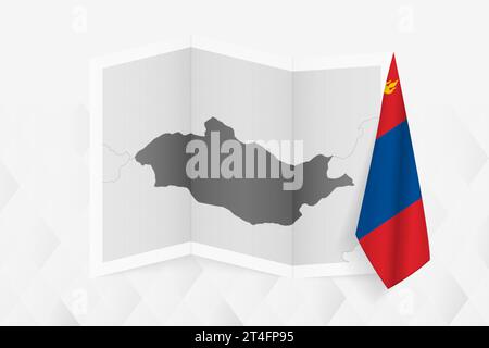 A grayscale map of Mongolia with a hanging Mongolian flag on one side. Vector map for many types of news. Vector illustration. Stock Vector