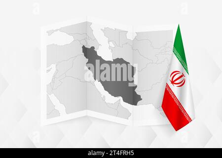 A grayscale map of Iran with a hanging Iranian flag on one side. Vector map for many types of news. Vector illustration. Stock Vector