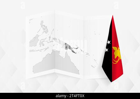 A grayscale map of Papua New Guinea with a hanging Papua New Guinean flag on one side. Vector map for many types of news. Vector illustration. Stock Vector