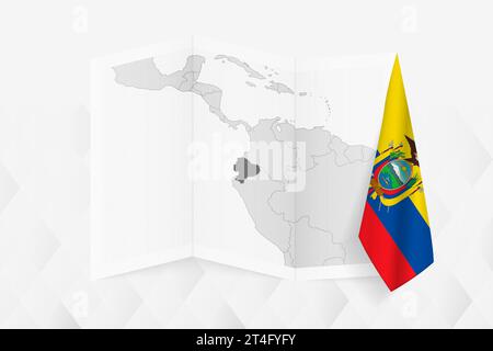 A grayscale map of Ecuador with a hanging Ecuadorian flag on one side. Vector map for many types of news. Vector illustration. Stock Vector