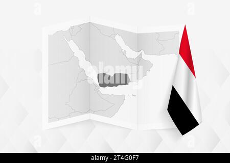 A grayscale map of Yemen with a hanging Yemeni flag on one side. Vector map for many types of news. Vector illustration. Stock Vector