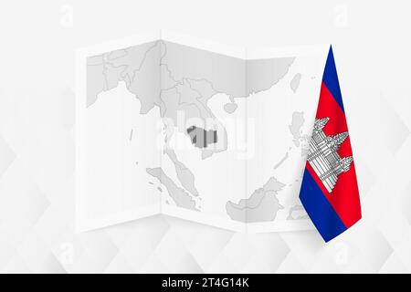 A grayscale map of Cambodia with a hanging Cambodian flag on one side. Vector map for many types of news. Vector illustration. Stock Vector