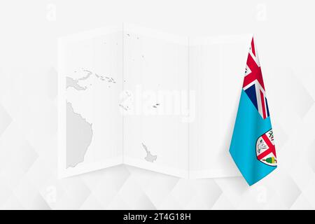 A grayscale map of Fiji with a hanging Fijian flag on one side. Vector map for many types of news. Vector illustration. Stock Vector